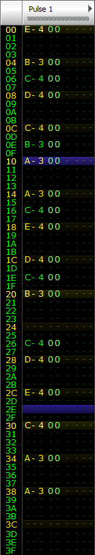 An example of a pattern in famitracker using the pulse 1 and triangle channels