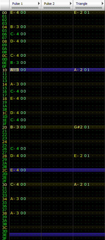 An example of a pattern in famitracker using the pulse 1 and triangle channels